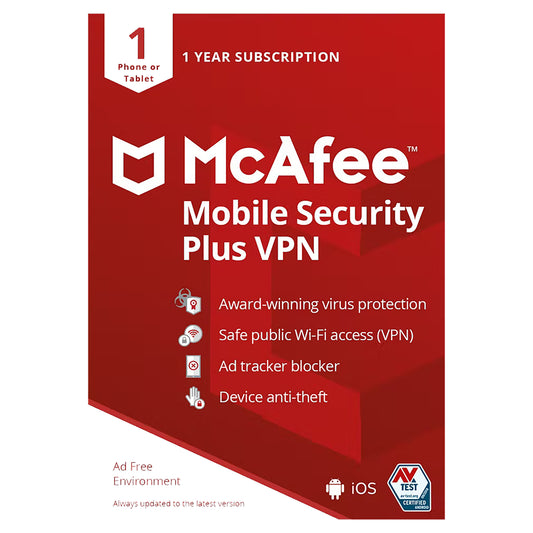 McAfee Mobile Security Plus VPN, 1 Device, 1 Year