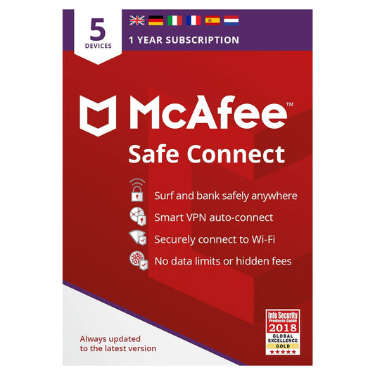 McAfee Safe Connect Premium VPN, 5 Devices, 1 Year